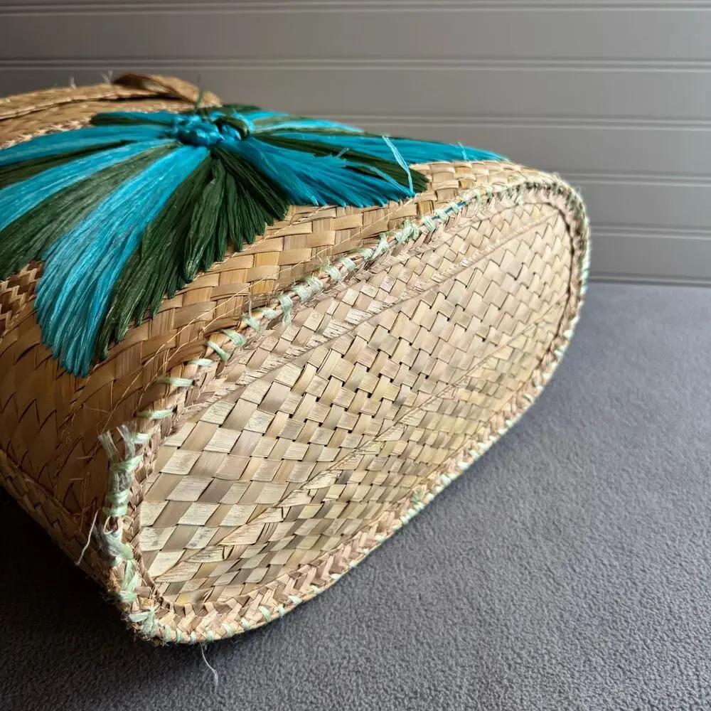 Vintage MCM Mid Century 50s 60s Raffia Basket Tote Bag Lined Retro Large 16" - Picture 6 of 12