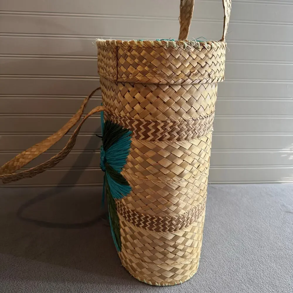 Vintage MCM Mid Century 50s 60s Raffia Basket Tote Bag Lined Retro Large 16" - Picture 5 of 12