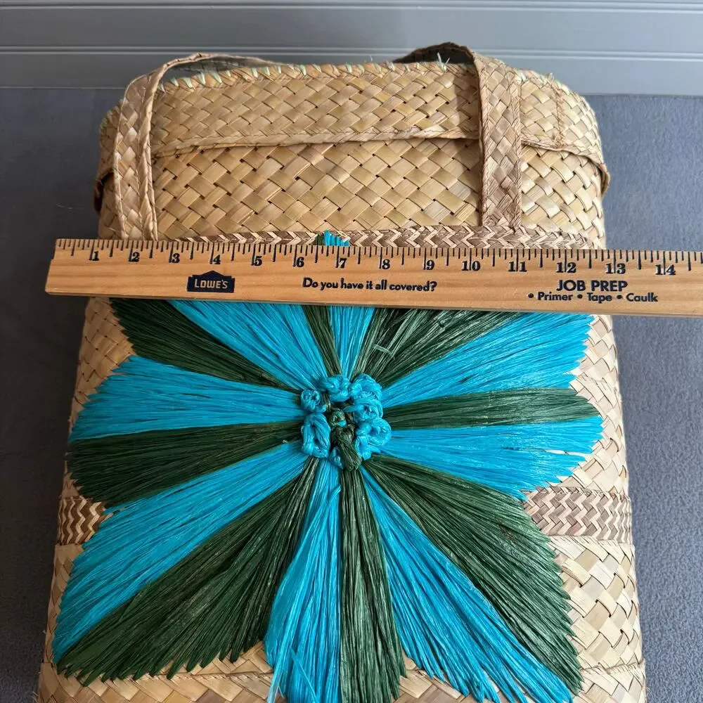 Vintage MCM Mid Century 50s 60s Raffia Basket Tote Bag Lined Retro Large 16" - Picture 11 of 12