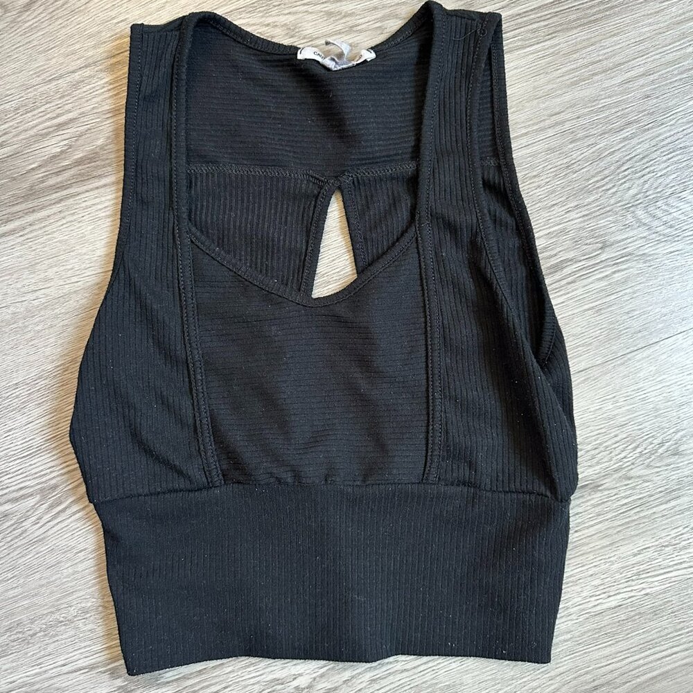 Hole in Back Ribbed Crop Top Black - Caution to the Wind - Medium