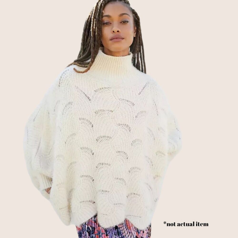 🤍 ANTHRO RUE SCALLOPED HEM EYELASH CAPE SWEATER WHITE OSFM NWT SUPER SOFT