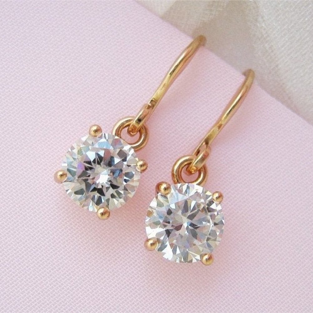 Petite Rose Gold Dangle Earrings Faceted Cubic Zirconia Stones - Picture 5 of 9