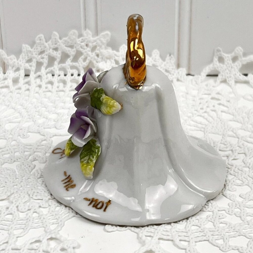 Vintage Enesco 1979 Bell "Forget Me Not" Gold Handle Purple African Violets 2.75 - Picture 3 of 10