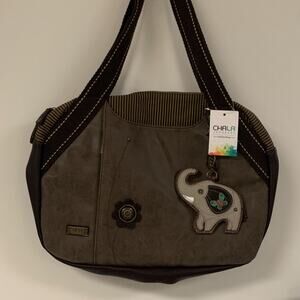 Chala Handbag Shoulder Purse Tote Bag with Elephant Charm, Stone Gray