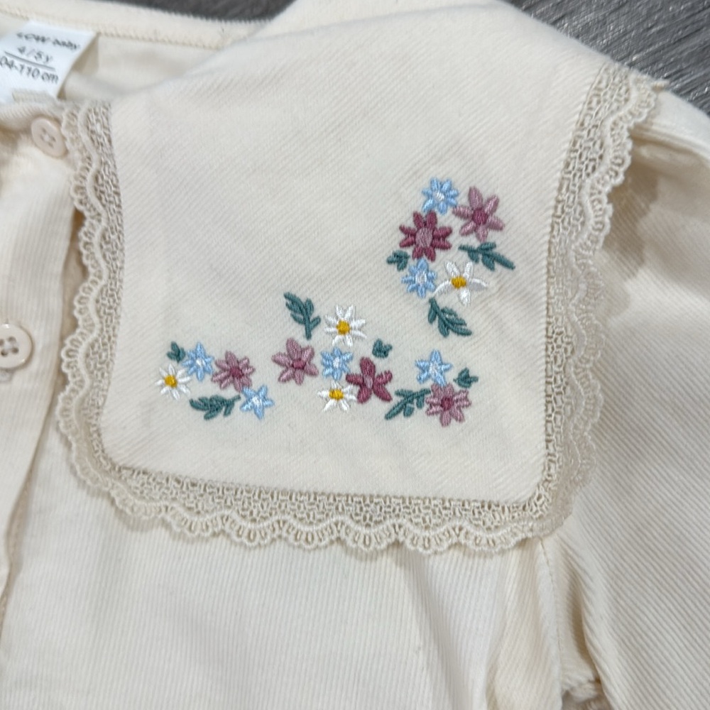 Cream Kids Corduroy Shirt with Floral Embroidery - Picture 2 of 5