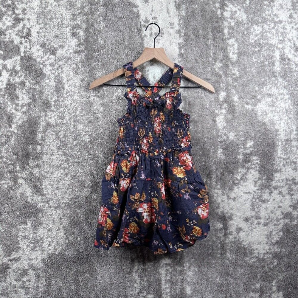 SEA New York Dress 6Y Girls Blue Navy Smocked Floral Fit & Flare Cut Out