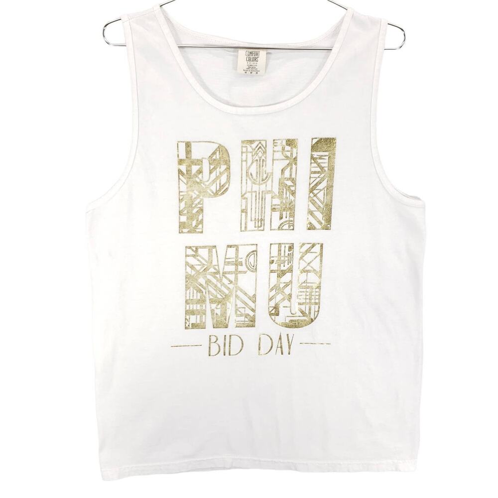 PHI MU Sorority Tank Top Womens Medium White Gold 2016 Bid Day Graphic Pullover