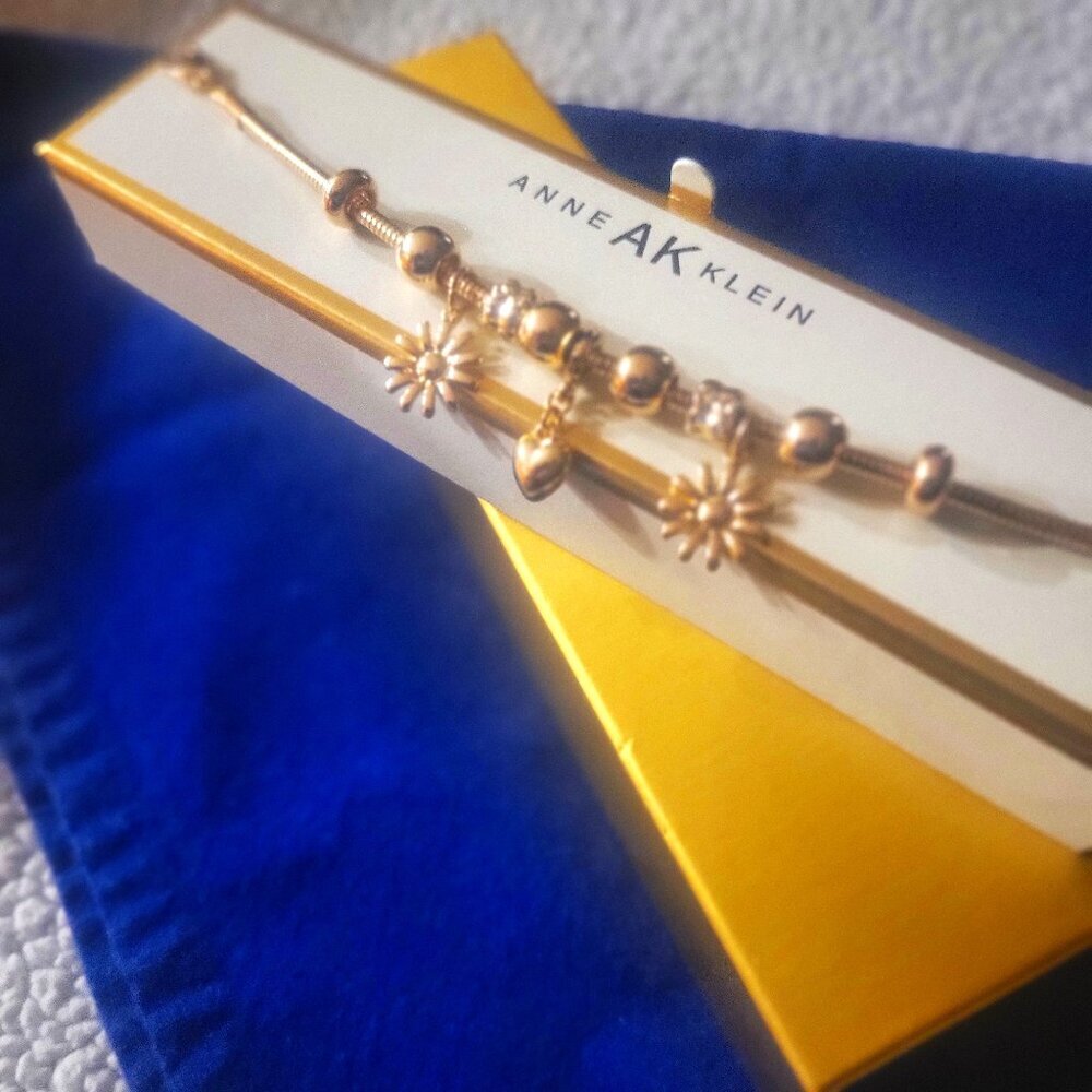 NIB! Anne Klein Gold-tone Charm & Gold Bead Bracelet