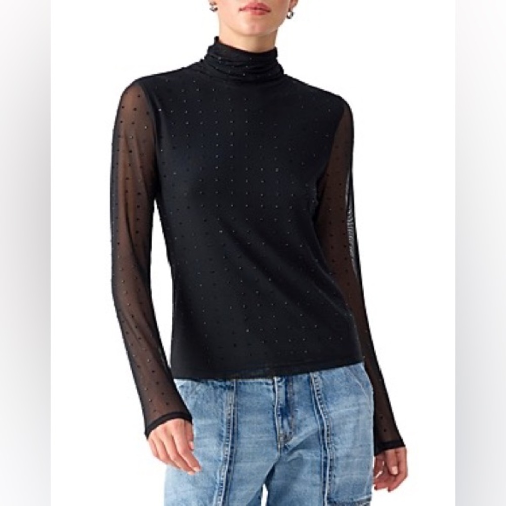 NWT Sanctuary HIGHLIGHT OF THE NIGHT EMBELLISHED MESH TURTLENECK TOP IN BLACK