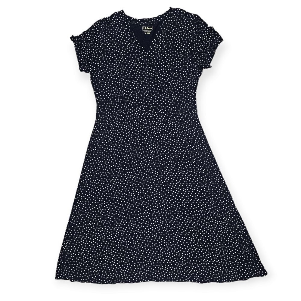 L.L‎ Bean Dark Blue Short Sleeve Polka Dot Stretch Midi Dress Women's Size Large