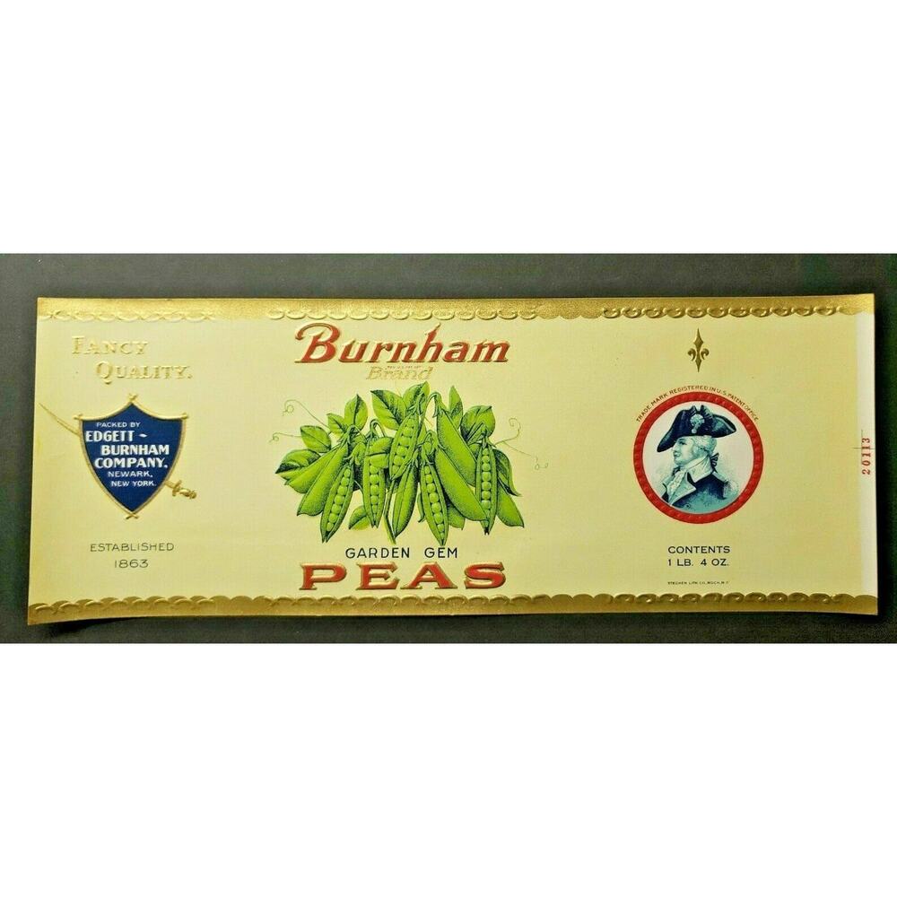 Vintage Burnham Brand Garden Peas Edgett Burnham Co New York 1940s Can Label Z2