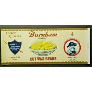 Vintage Burnham Brand Wax Beans Edgett Burnham Co New York 1940s Can Label Z2