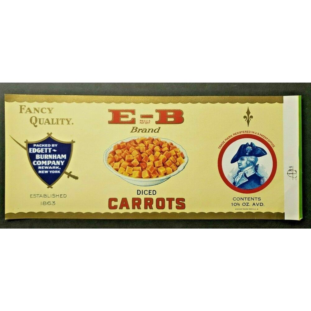Vintage E-B Brand Dice Carrots, Edgett Burnham Co New York 1940s Can Label Z2