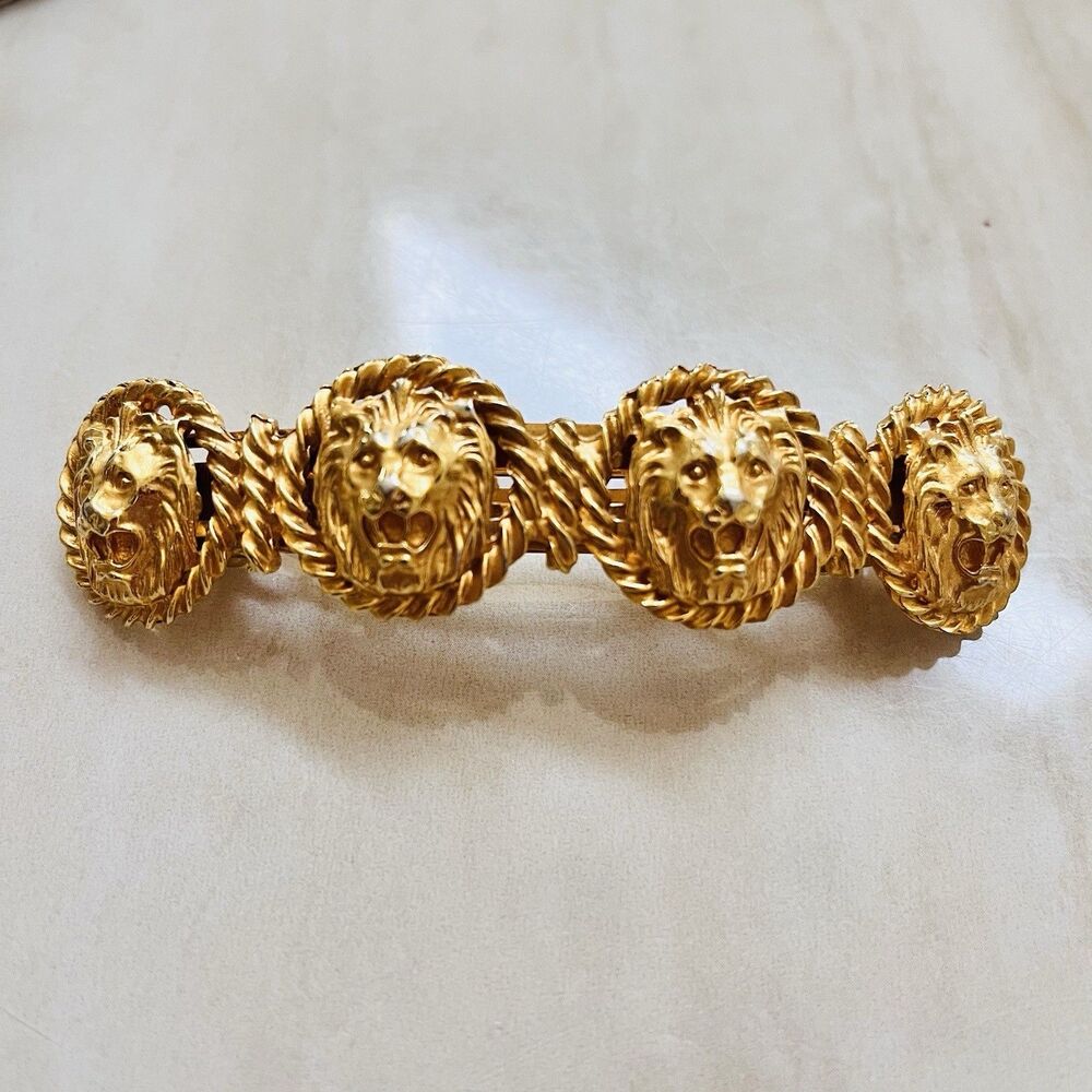 VTG Anne Klein Hair Clip 4 Lions Head Logo Elegant Gold barrette Made In France