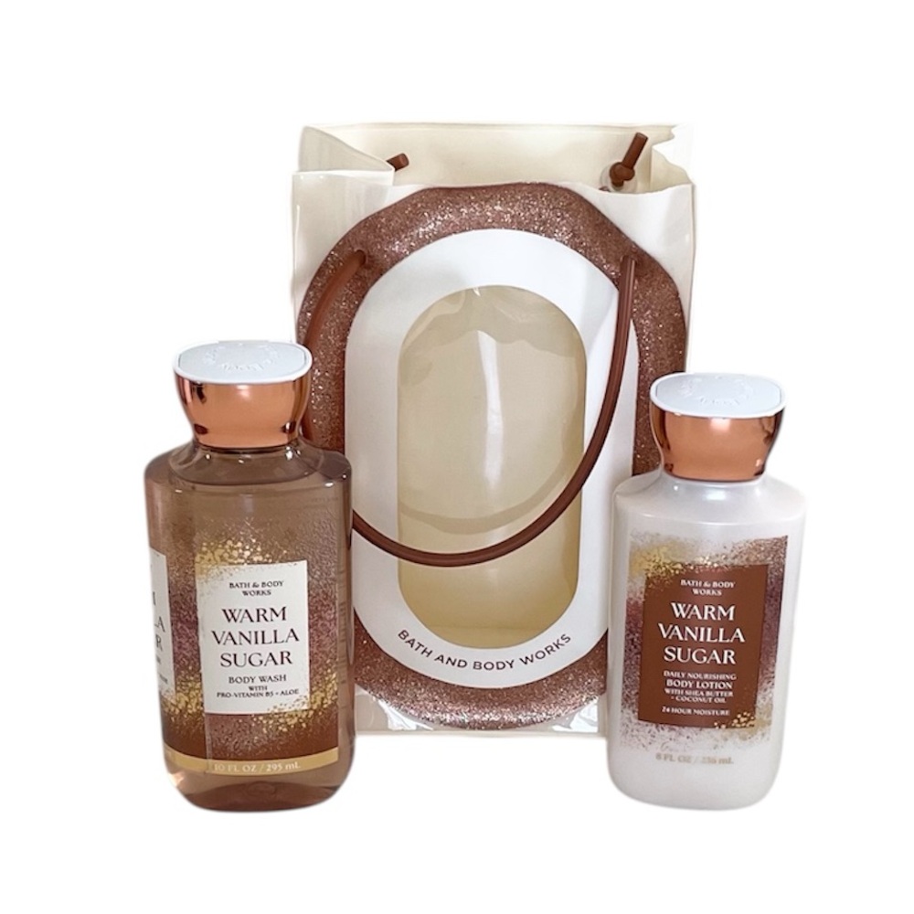 Bath & Body Works Warm Vanilla Sugar Body Wash & Lotion Full Size Set with Tote