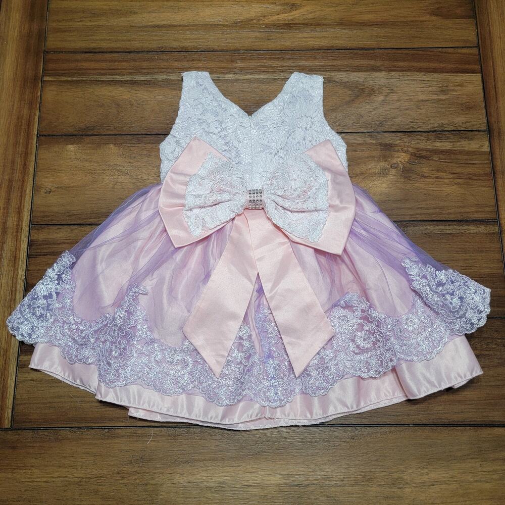 Pink & White Lace & Tulle Sleeveless Dress w/ Large Bow - Size 2T - Picture 3 of 6