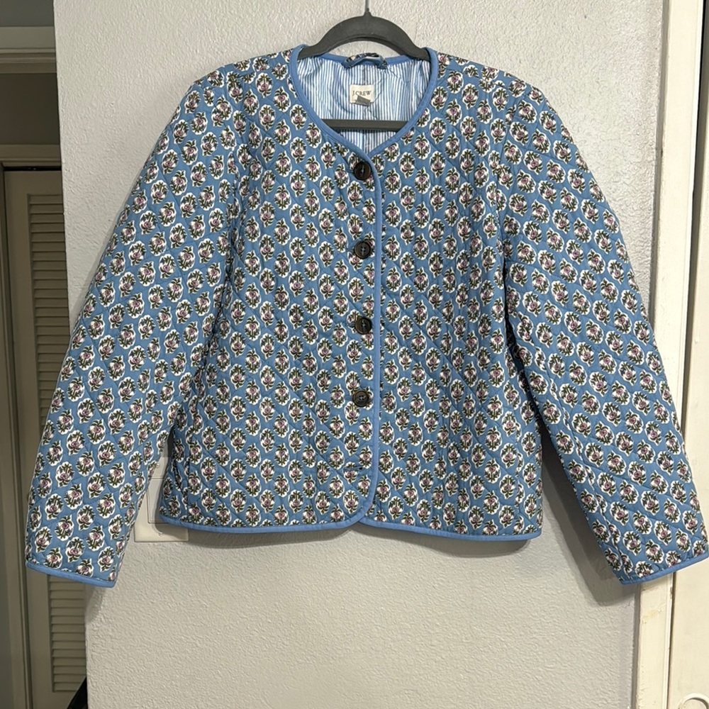 J.Crew Block-print Floral Quilted Jacket In Quiet Harbor Blue New - Picture 3 of 5