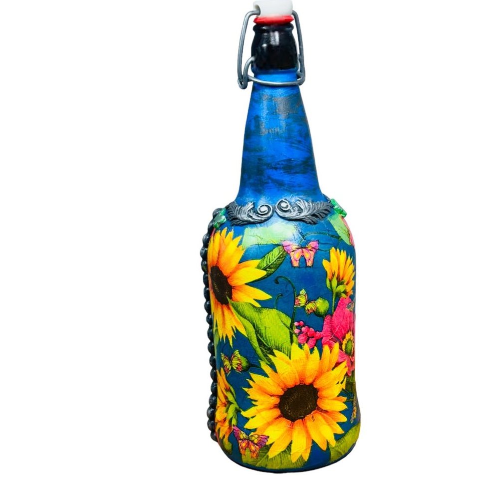 Hand Painted, Decoupaged and Molded Clay Grolsch-Style Bottle Poppy & Sunflowers
