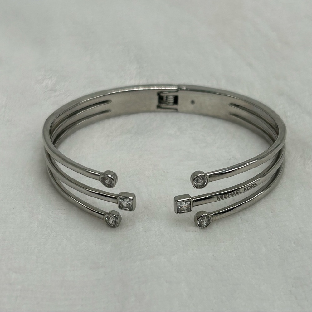 Michael Kors Modern Brilliance Silver Toned Hindged Clamp Bracelet Rhinestones