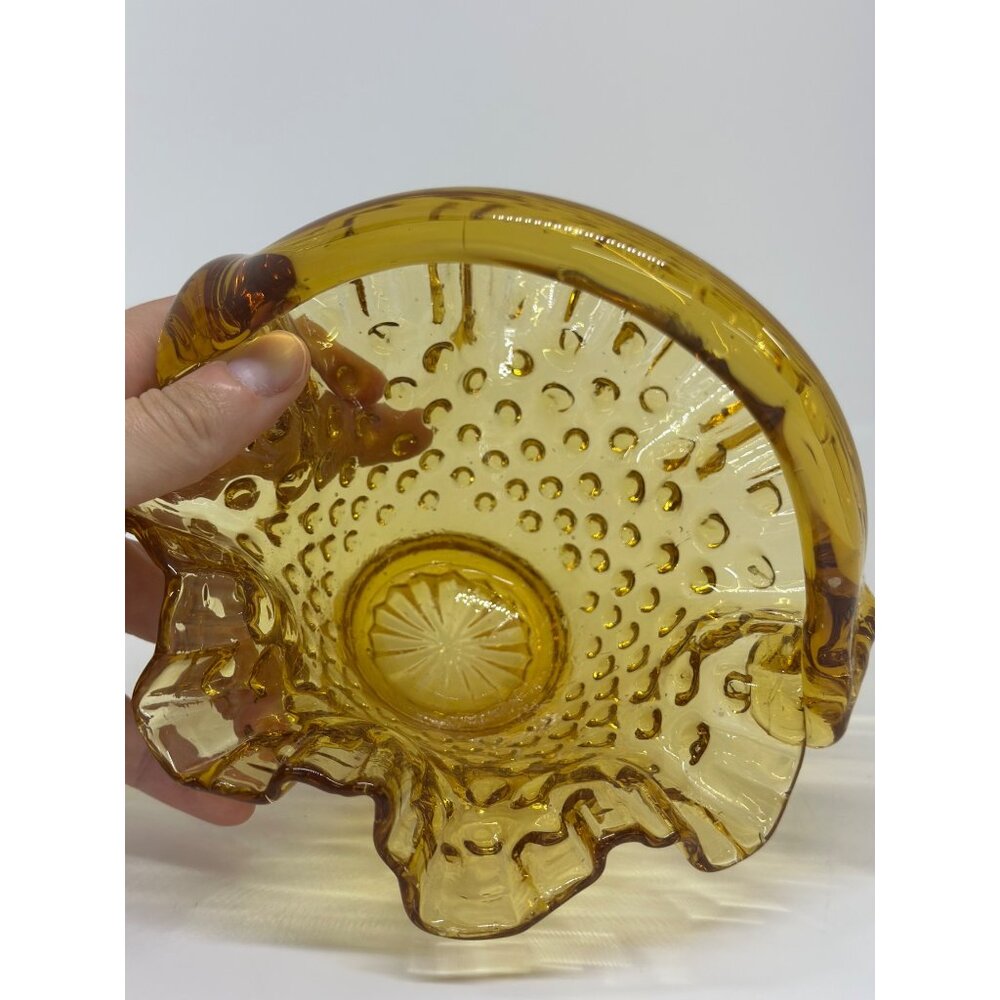 VTG Amber Hobnail Glass Basket 5.75 Ruffled Edge Handle Candy Dish MCM Glassware - Picture 5 of 6