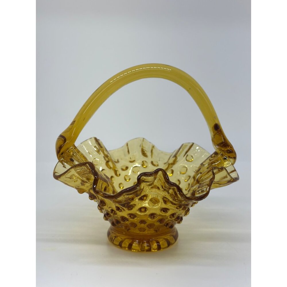 VTG Amber Hobnail Glass Basket 5.75 Ruffled Edge Handle Candy Dish MCM Glassware - Picture 2 of 6
