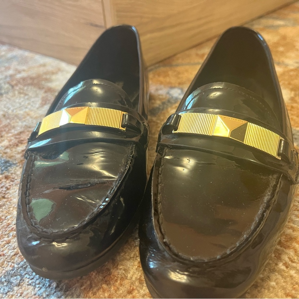 Michael Kors Black Patent Loafers with Gold Accent