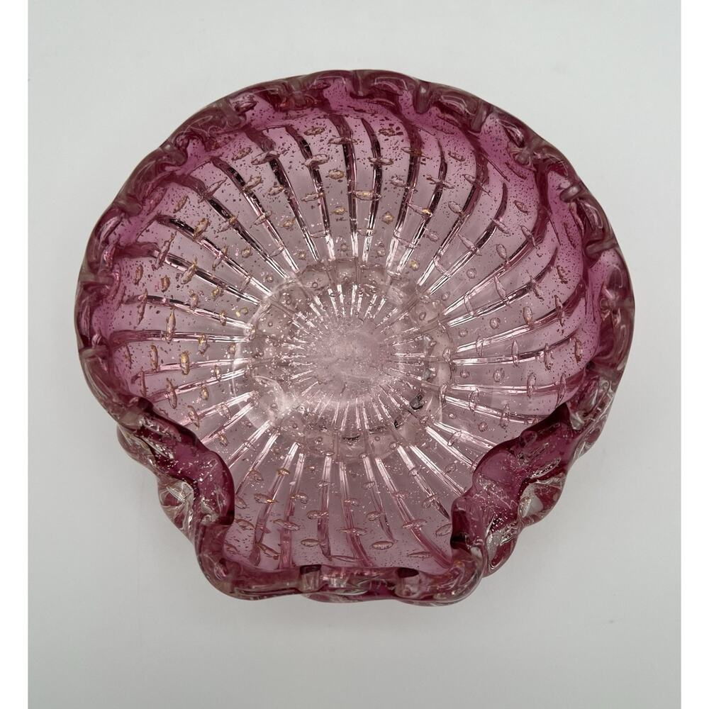 Murano Hand Blown Art Glass Pink Shell Ashtray 6” Controlled Bubbles Silver Gold