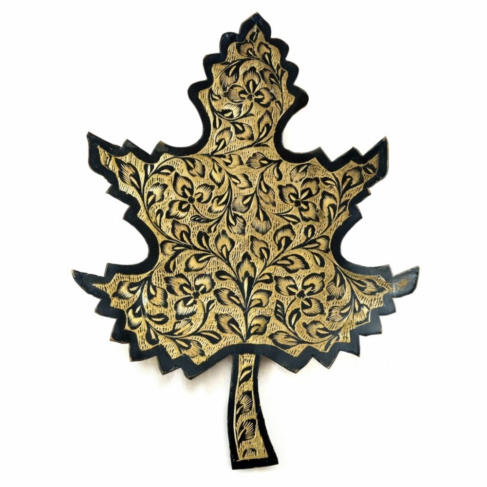 Etched Painted Brass Leaf Black & Gold Hanging Wall Decor Or Tray MCM 8” L 6” W