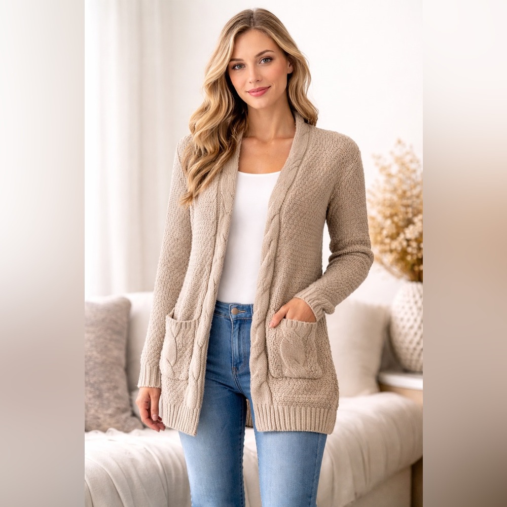 Pink Rose Beige Cable Knit Cardigan Sweater Small Open Front Longline Pockets