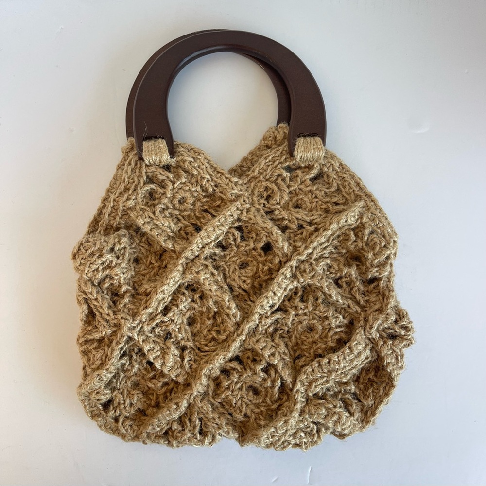 Vintage  Woven Rope-Style Boho Bag With Wood Handle .