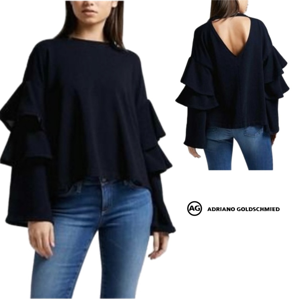 AG Goldschmied Chambray Cutout Ruffle Sweatshirt