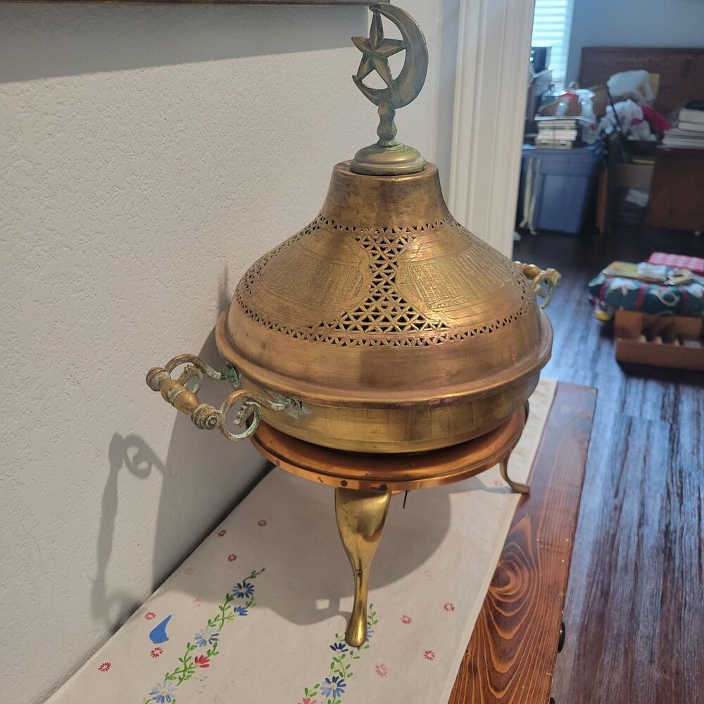 Antique Arabic Turkish Brass Brazier, Pierced Brass Dome Crescent Moon and Star - Picture 2 of 16