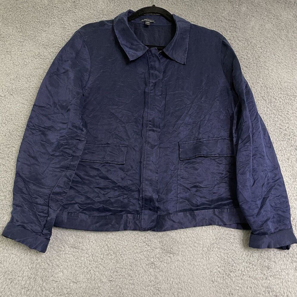 Eileen Fisher Organic Linen Silk Satin zip Jacket M Navy Blue Collared pockets