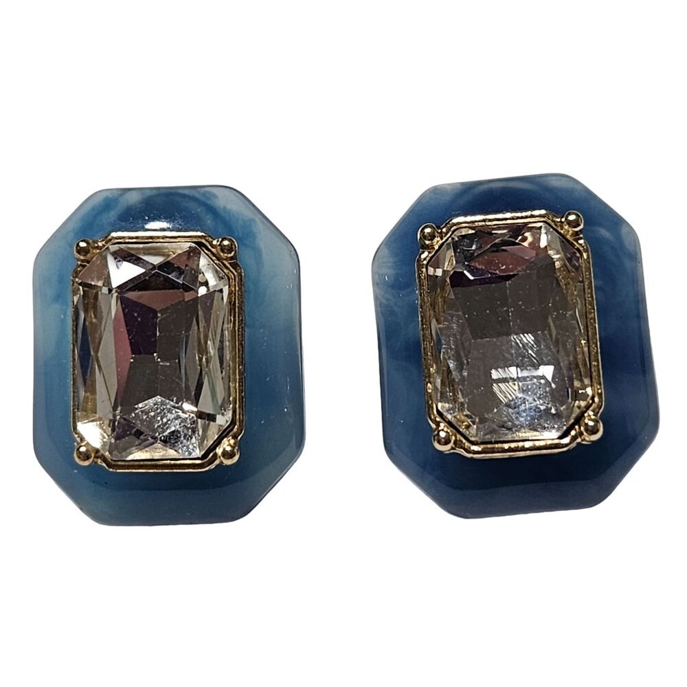 Vintage Blue Gold Tone Rhinestone Square Drop Earrings Retro 60s Fashion Jewelry