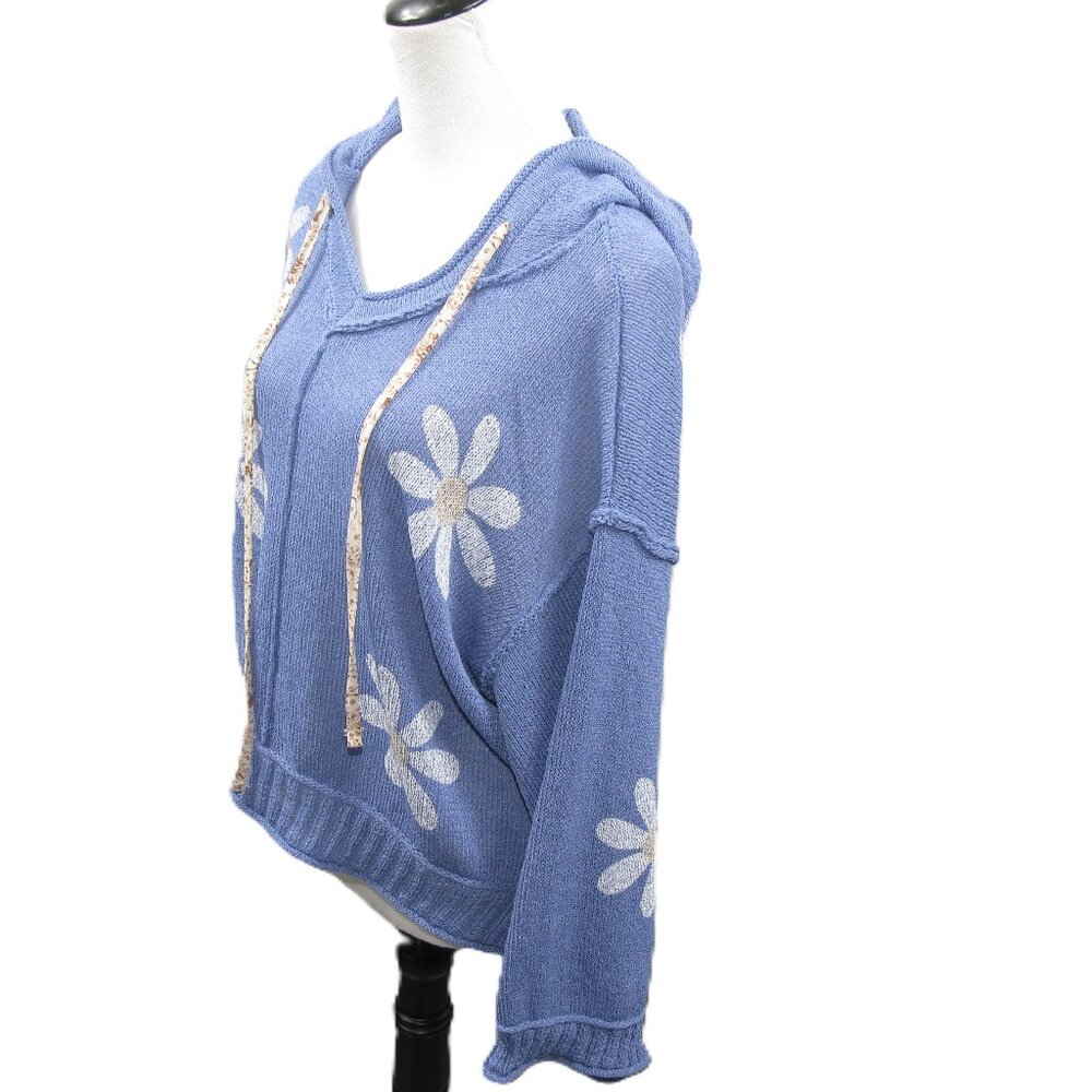POL Blue Daisy Print Lightweight Hooded Sweater Size Medium