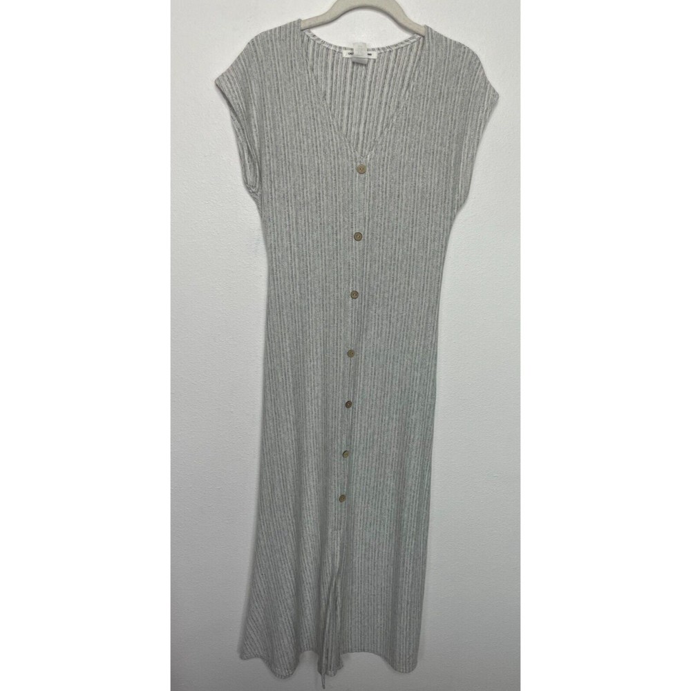 Caution To The Wind Small Striped Maxi Knit Dress Gray Button Front V-Neck New