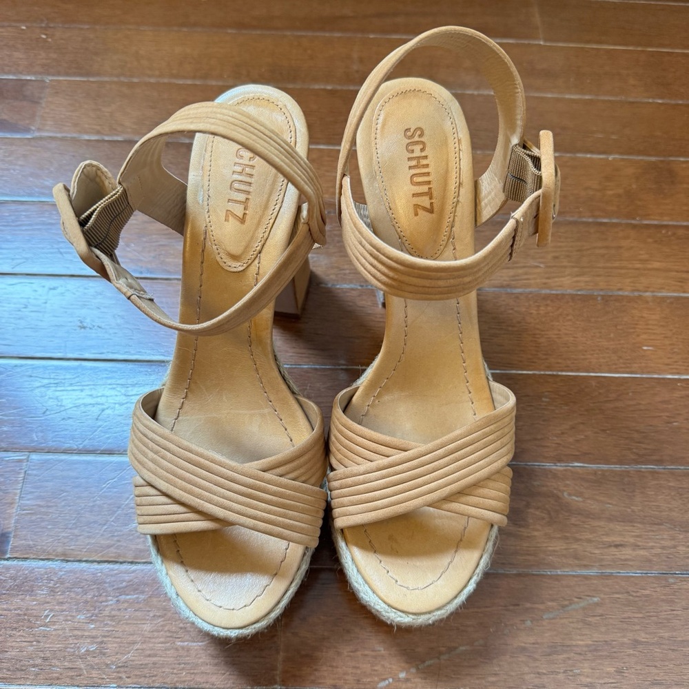 NWT Schutz Blisse Platform Tan Leather Sandals - Picture 3 of 5