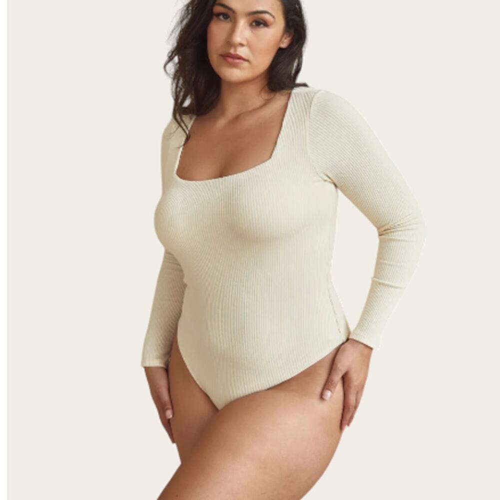 Klassy Network Square Neck Bodysuit | Plus Size 3XL | Cream Ribbed Long Sleeve - Picture 6 of 10