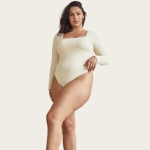 Klassy Network Square Neck Bodysuit | Plus Size 3XL | Cream Ribbed Long Sleeve