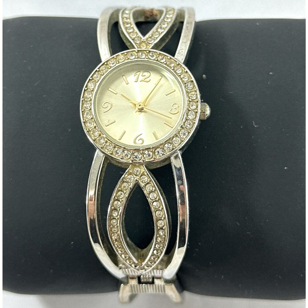 Vintage Silver-Tone Cuff Bracelet Watch with Rhinestones – Japan Movement Works - Picture 2 of 7