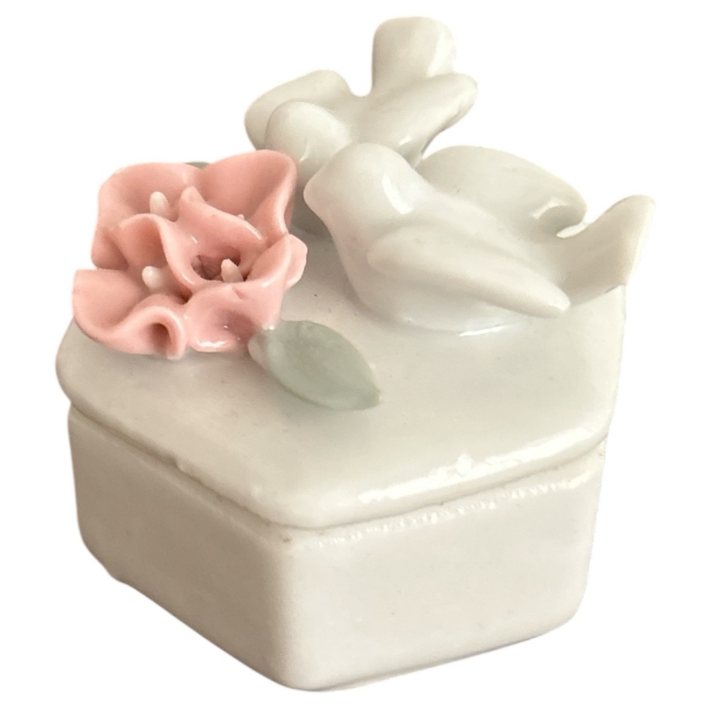 White Ceramic Box with Pink Flower and Birds