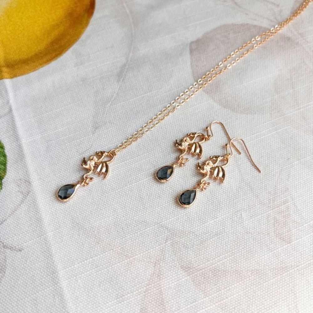 Dark Gray Dragon Jewelry Set, Victorian Historical Whimsical Fun Gift Necklace