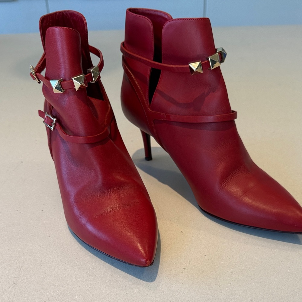 Valentino Crimson Heeled Boots with Metallic Studs