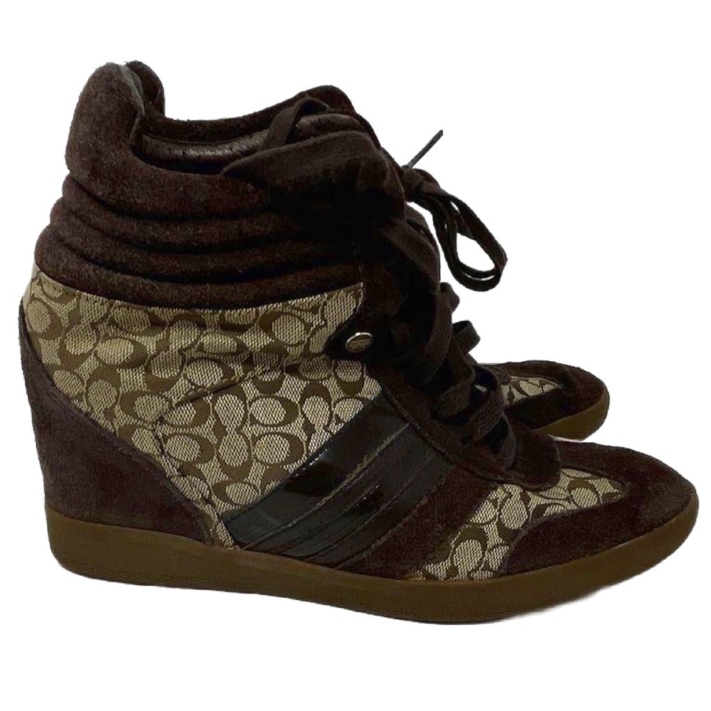Coach Women's Alara Signature Print Brown Suede Wedged Heeled Boots Size 9.5M