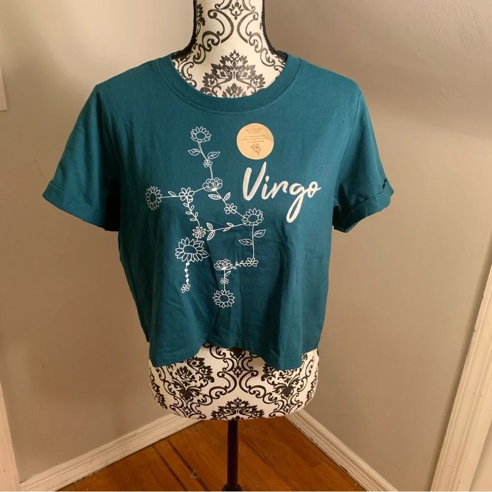 NWOT Recycled Threads Teal Virgo Floral Cropped Tee Size L - Picture 1 of 5