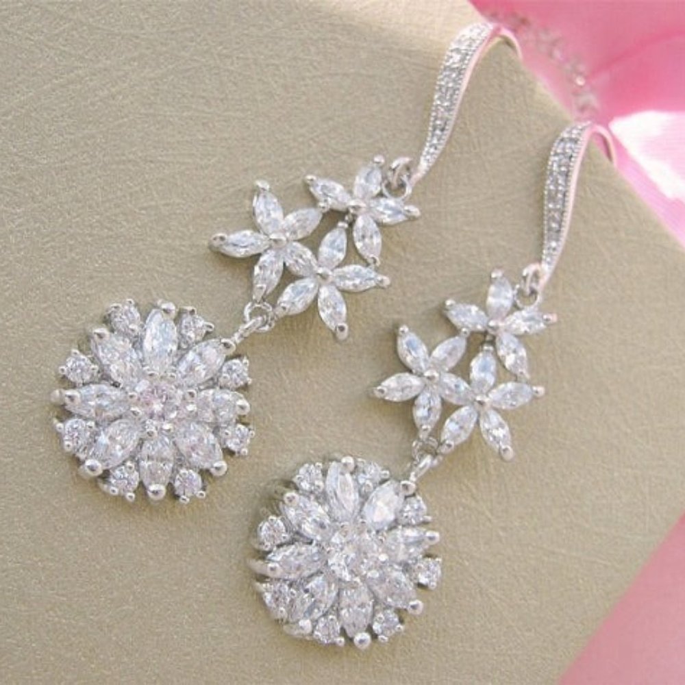 Glamourous CZ Diamond Cluster Dangle Earrings Nadri Style