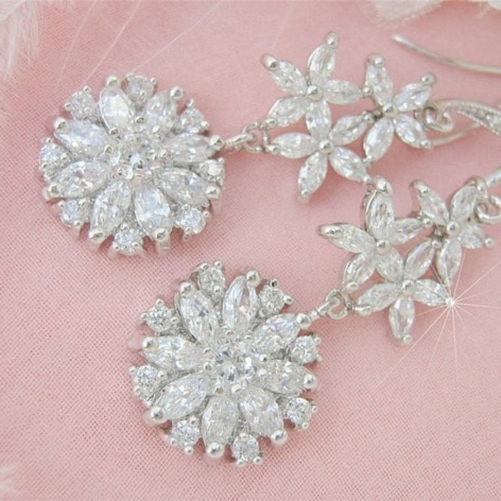 Glamourous CZ Diamond Cluster Dangle Earrings Nadri Style - Picture 2 of 7