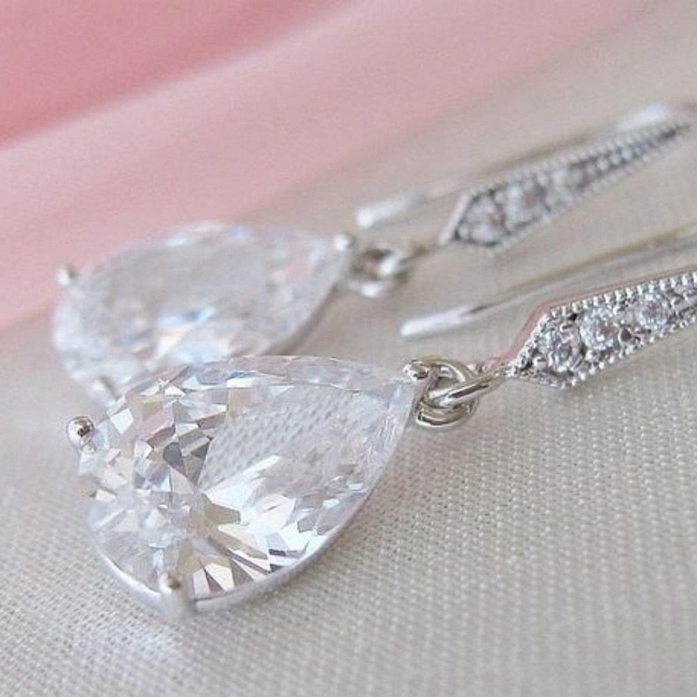 NEW Teardrop Pear Cut Diamond CZ Earrings Faceted Dangle French Hooks - Picture 3 of 7