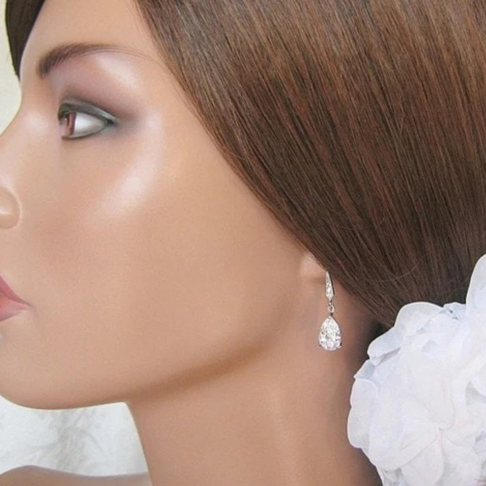 NEW Teardrop Pear Cut Diamond CZ Earrings Faceted Dangle French Hooks - Picture 4 of 7