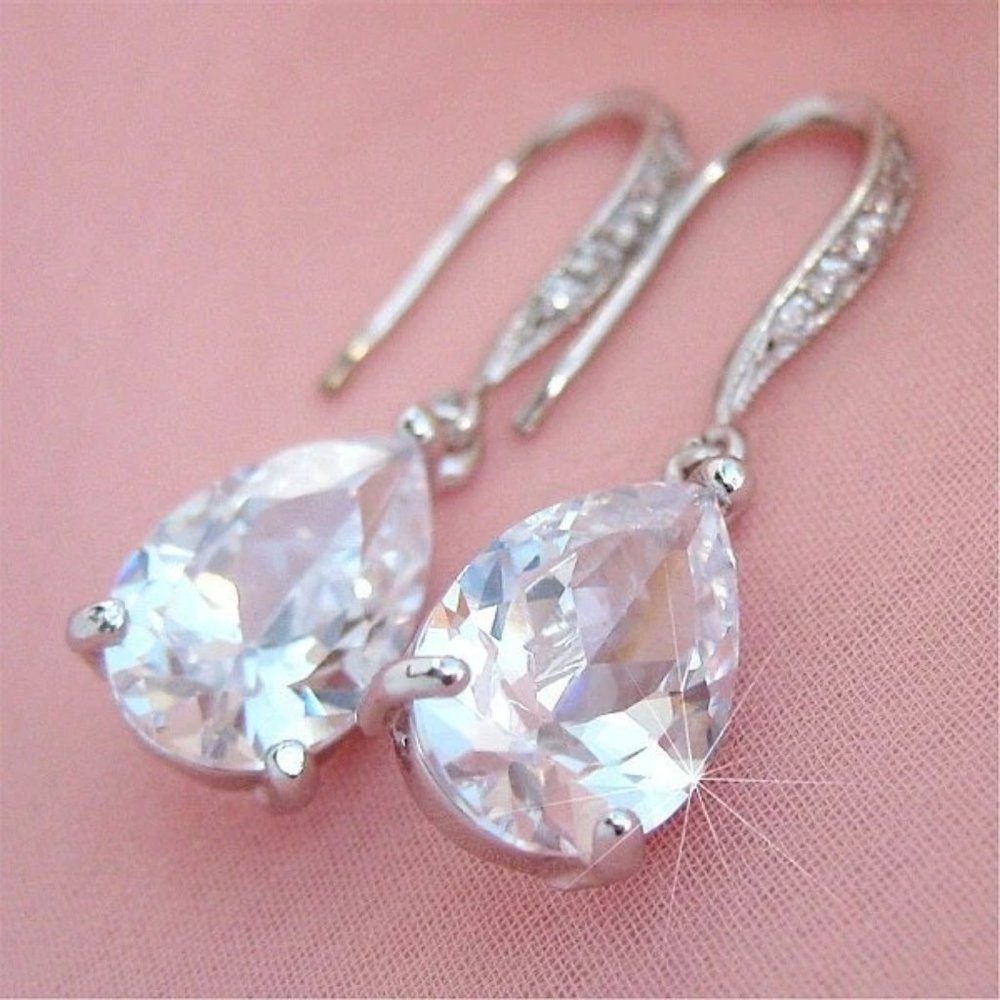 NEW Teardrop Pear Cut Diamond CZ Earrings Faceted Dangle French Hooks - Picture 5 of 7